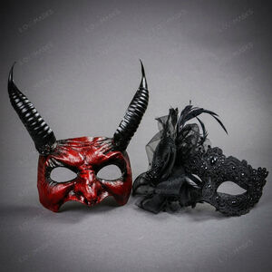 Red Devil Horn Demon Mask & Black Feather Lace Masquerade Couple Mask Set